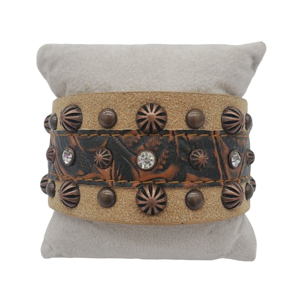JEWELRY Brown Leather Bracelet Studs Rhinestones Size 8.5" Length